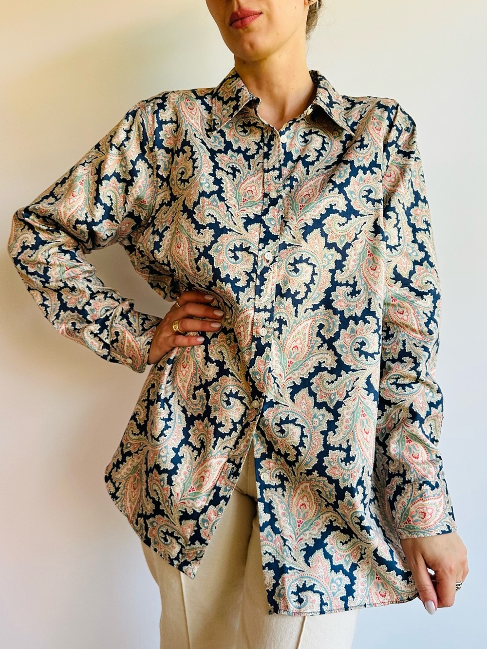 Chaps Paisley Cotton No Iron Long Sleeve Button Down Shirt Blouse Boho Classic